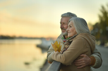 smiling senior couple posing   in  park