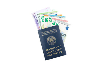 Fototapeta premium Belorussian passport with european banknotes money isolated on white.