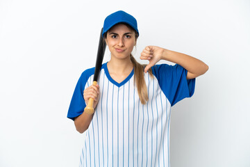 Young caucasian woman playing baseball isolated on white background showing thumb down with negative expression