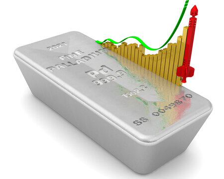 The Rise In The Value Of Palladium. One Ingot Of 999.9 Fine Palladium And A Graph Of Rapid Growth With Conceptual Red Rocket. 3D Illustration