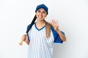 Young caucasian woman playing baseball isolated on white background happy and counting four with fingers