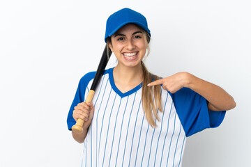 Young caucasian woman isolated on white background playing baseball and with surprise facial expression