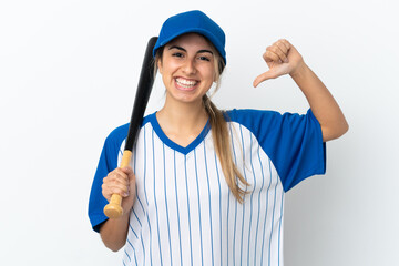 Young caucasian woman isolated on white background playing baseball and proud