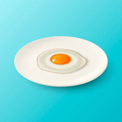Vector 3d Realistic White Porcelain, Ceramic Plate and Fried Egg, Omelette Closeup on Blue Background. Design Template for Mockup. Stock Vector Illustration. Front, Top, Side View
