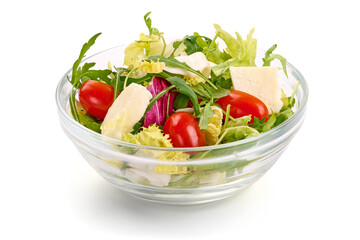 Vegetable salad with feta cheese, tomatoes, isolated on white background. High resolution image