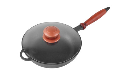 Kitchen accessories - Cast iron frying pan with cover. Isolated