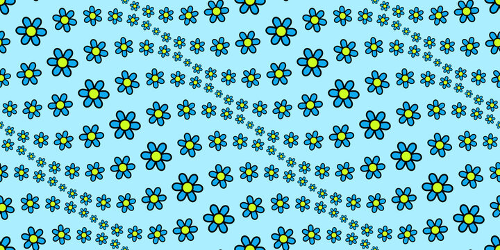Seamless pattern. Flowers, blue daisies with light blue background. Yellow and black colored elements. Simple wavy geometric flower shapes. Smooth texture images. Textile design.	
