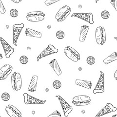 Seamless pattern with fast food. For packaging paper, for the website. Shawarma, pizza, burritos, etc.