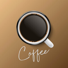 Vector 3d Realistic Ceramic White Metal Enamel Retro Coffee Mug, Cup Closeup on Brown Background. Black Coffee, Espresso, Americano. Design Template. Top View