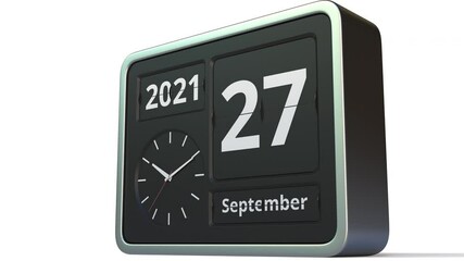 September 27 date on the flip clock calendar, 3d animation