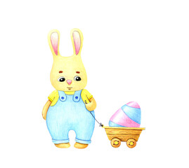 Easter illustration. A rabbit boy dressed in a blue overalls and a small wooden cart with a painted egg. Watercolor illustration isolated on white background.