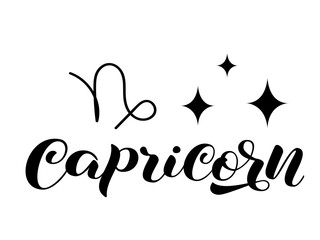 Capricorn zodiac brush lettering with sign and star. Vector stock illustration for banner or clothes.
