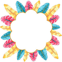 Watercolor feathers frame. Colorful Spring Easter Design.