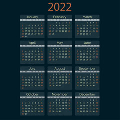 Dark vector calendar 2022 year. Minimal simple design. Rich black classic grid, week starts from sunday.