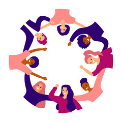 Group of happy women of different ethnicity are standing in circle, hugging together, support. International womens day. Female empowerment movement. Girls friendship, communication, unity. Vector