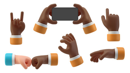 Black Hands Gestures 3D cartoon friendly funny style isolated on white background