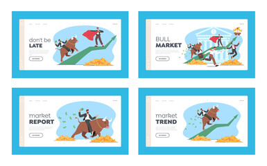 People Trading on Bull Stock Market Landing Page Template Set. Brokers Analyse Global Fond for Buying and Selling Bonds