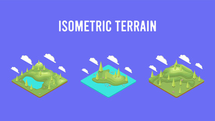 Isometric terrain with topography. Camping, hiking and travel outdoor. Mountains and plains. GPS map navigation. Isometric cartoon colorful vector illustration.