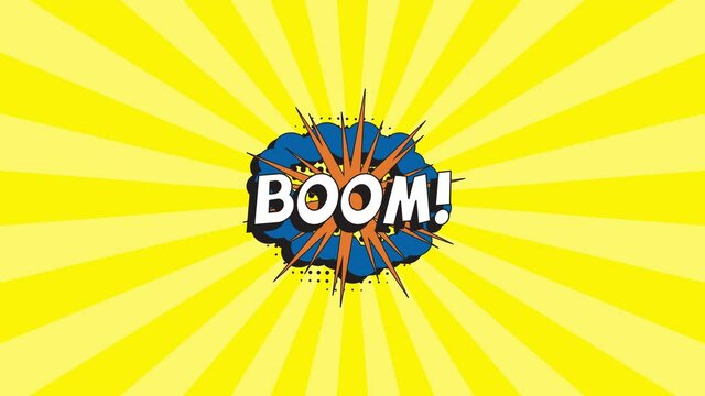 Word 'BOOM!' in a retro comics speech bubble with halftone dotted shadow on an animated orange background.