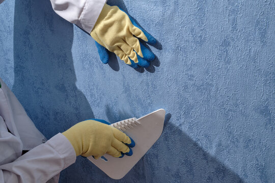 Woman, A Brunette Adult In A White Uniform In The Process Of Pasting Wallpaper On The Wall In An Ordinary City Apartment, The Last Stage In The Process Of Repair And Construction Finishing Work