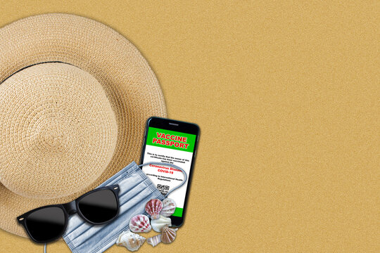 COVID-19 New Normal Travel Vaccine Passport on Beach Vacation Setting