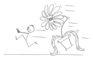 Gardener or man running away in panic, big flower in pot is chasing him. Vector cartoon stick figure or character illustration.