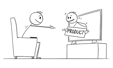 Man from TV commercial advertising product to viewer. Vector cartoon stick figure or character illustration.