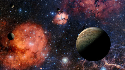 View of Jupiter, the fifth planet of the Solar System, with nebula. Elements of this image...