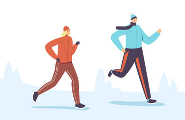 Characters in Warm Sports Wear Running Winter Marathon. Happy Couple Man and Woman Wintertime Outdoor Sport Activity