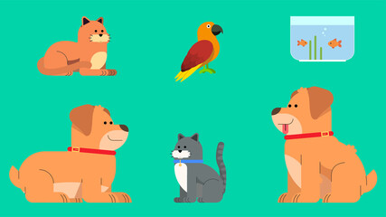 Colorful vector set of domestic pets. Healthcare and food for domestic animals. Grooming salon. Flat style pets with their accessories and toys. Concept for animal store.