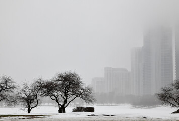 urban skyline under thick fog in the morning