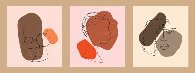 Fototapeta na wymiar Contemporary black women portraits. African female abstract line art faces posters. 