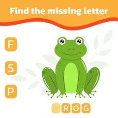 Find the missing letter. Educational spelling game for kids. Green frog. Practicing English alphabet. Vector illustration.