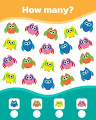 How many cute colorful owls are there. Math game for kids. Vector illustration.