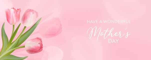 Happy Mothers Day banner. Vector greeting spring background. Realistic tulip flowers design