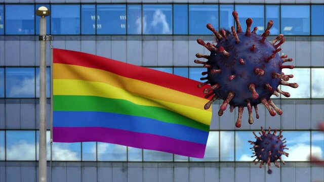 3D illustration Flu coronavirus floating over pride gay flag on modern city skyscraper. Beautiful tall tower and LGBT rainbow banner waving with pandemic Covid 19 virus infection concept.-Dan