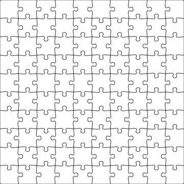 Puzzles blank template with linked rectangle grid. Jigsaw puzzle 9x6 size  with 54 pieces. Mosaic background for thinking game with join details.  Vector illustration. Stock Vector