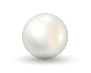 White pearl realistic 3d on white background. Shiny natural white sea pearl with light effects