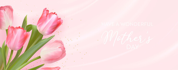 Happy Mothers Day banner. Vector greeting spring background. Realistic tulip flowers design