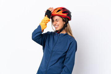 Young hispanic cyclist woman isolated on white background has realized something and intending the solution