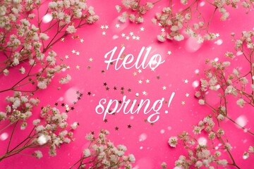 Fototapeta na wymiar White flowers on a pink background. Spring. Banner hello spring. New month.