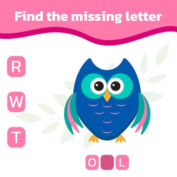 Write the missing letter. Worksheet for education. The colorful cartoon owl. Mini-game for children. Vector illustration