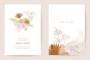Botanical dalia wedding invitation card template design, tropical palm leaves frame set, dry pampas - obrazy, fototapety, plakaty