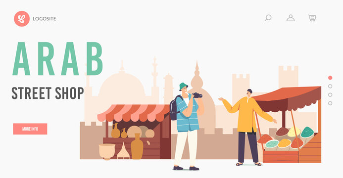 Arab Street Shop Landing Page Template. Tourist Male Character with Camera Making Shots while Visit Muslim Arabic Market