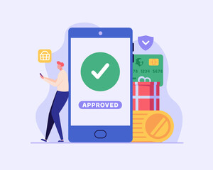 Man pays successfully and safely. Online mobile payment and banking service. Concept of payment approved, payment done, online shopping, money transfer. Vector illustration in flat design