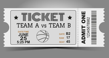 Basketball ticket design template. Card invitation, game team, event and date, location and place sector. vector illustration