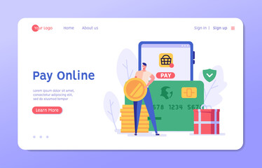 Man pays successfully and safely. Online mobile payment and banking service. Concept of payment approved, payment done, online shopping, money transfer. Vector illustration in flat design