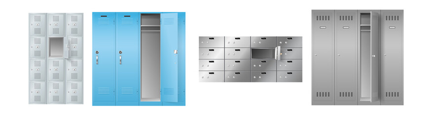 Set of realistic lockers for storage in school, gym, postal or bank, template on white background