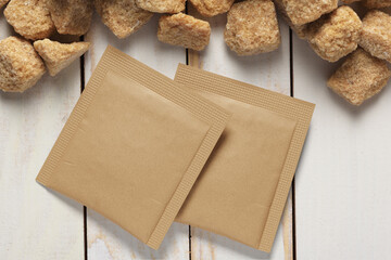 Blank brown paper square sachet and sugar cubes on plank tabletop. 3D rendering and photo.