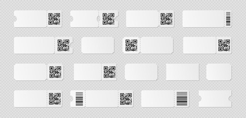 Blank ticket template mockup with barcode. Realistic discount voucher with qr code and ruffled edge. Empty lottery paper, movie, museum admit one. Vector illustration of ribbed ticket design